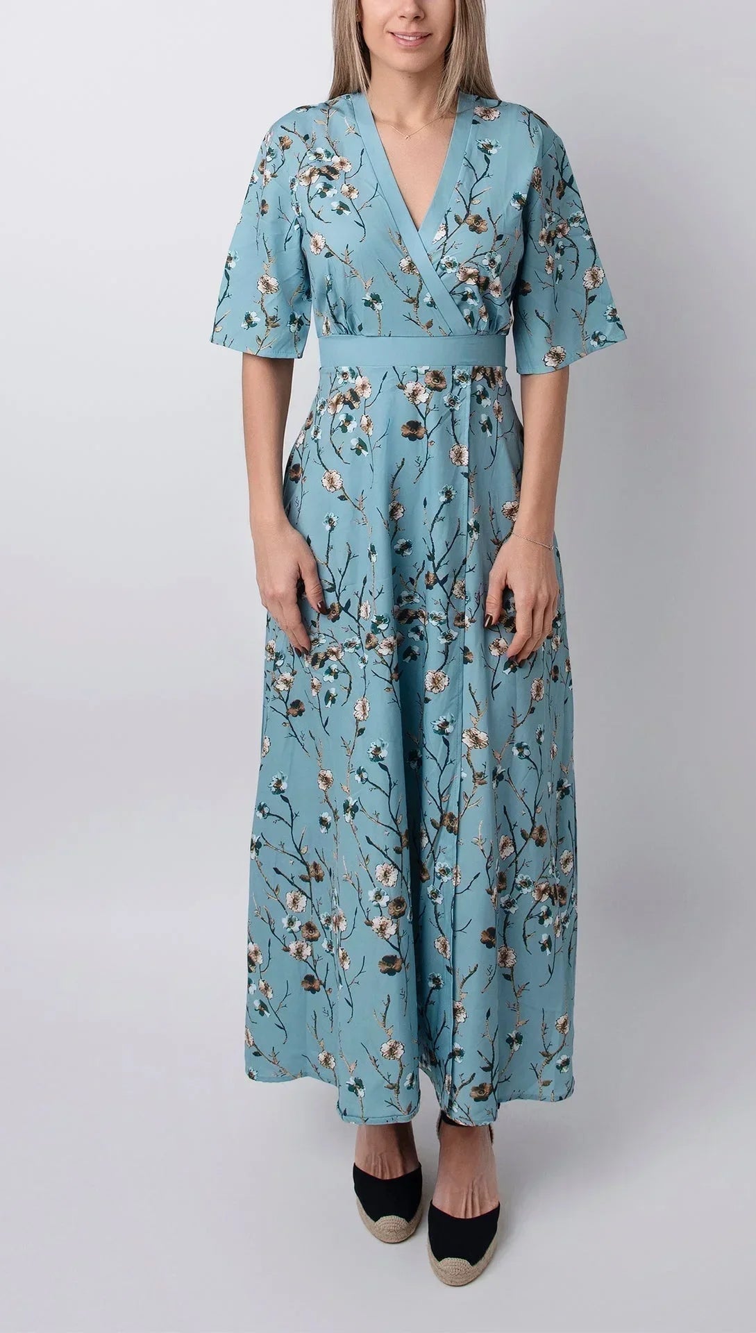 Robe longue femme bleu clair fleurs été col en V