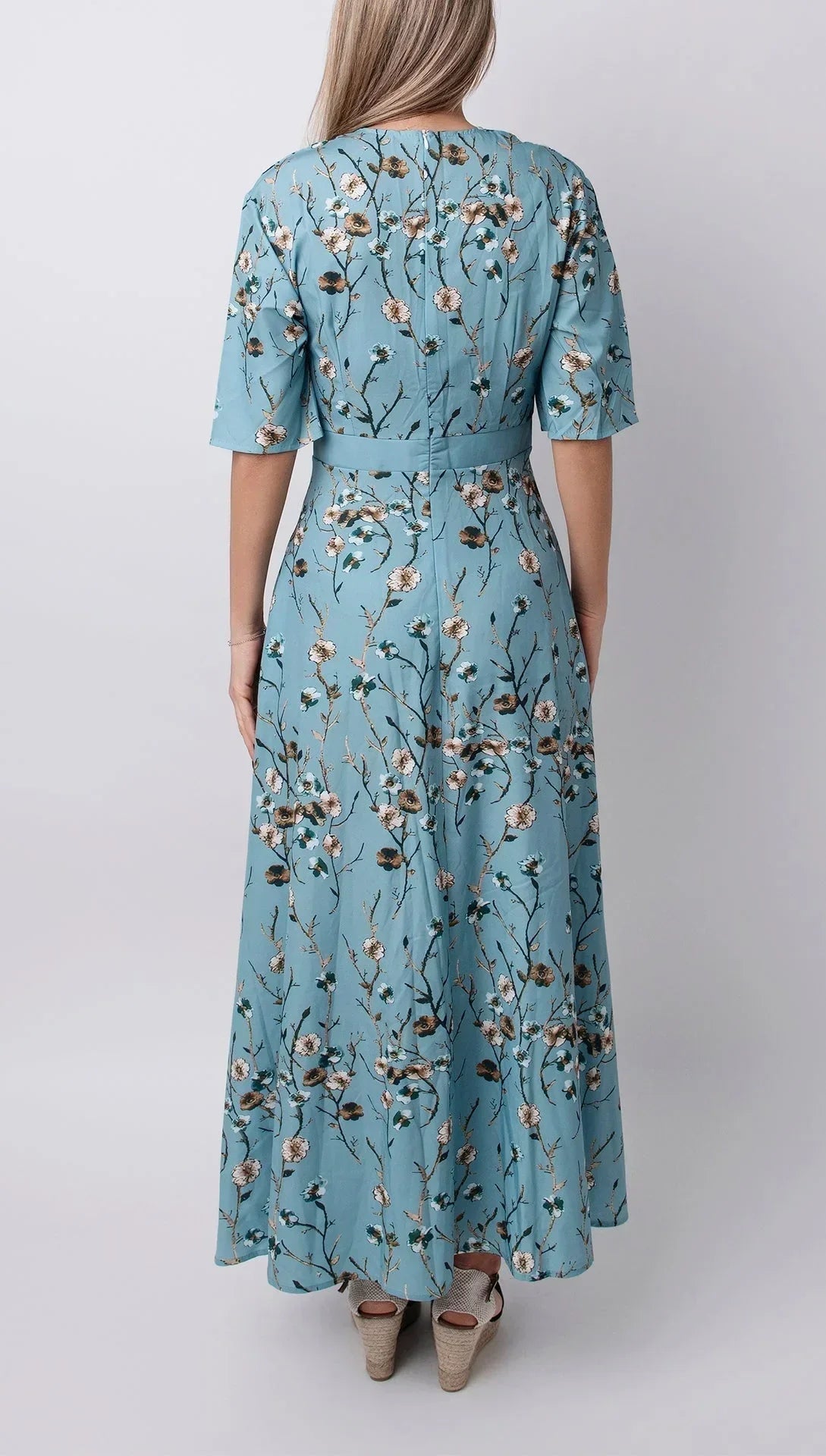 Robe longue bleu clair fleurs été col V femme | ROBEMODE