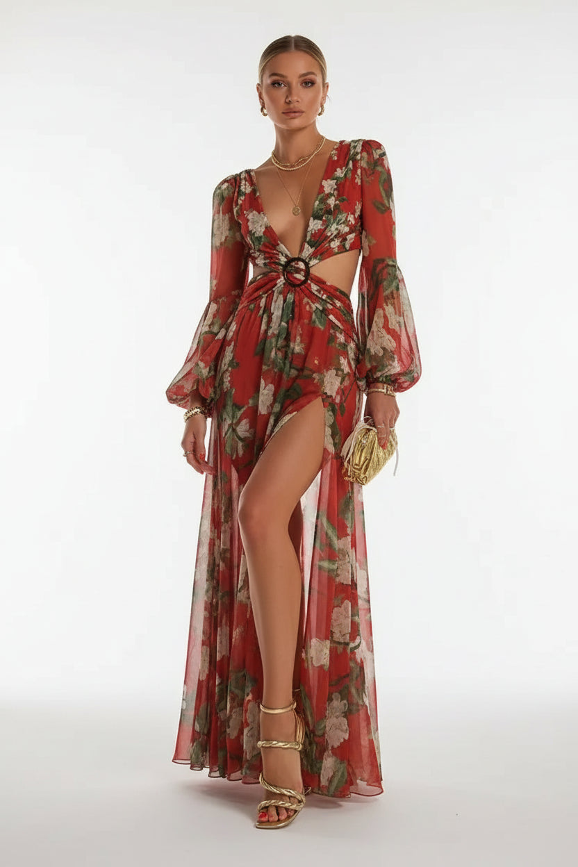 Robe longue femme col V avec motif et dos découpé | Coupe féminine + Style élégant + Facile à accessoiriser – ROBEMODE