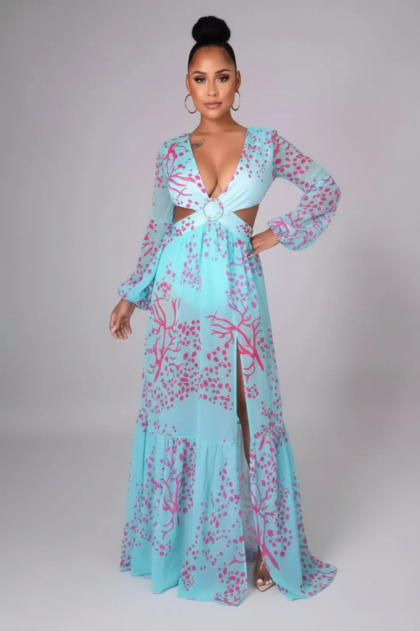 Robe longue femme col V avec motif et dos découpé | Coupe féminine + Style élégant + Facile à accessoiriser – ROBEMODE