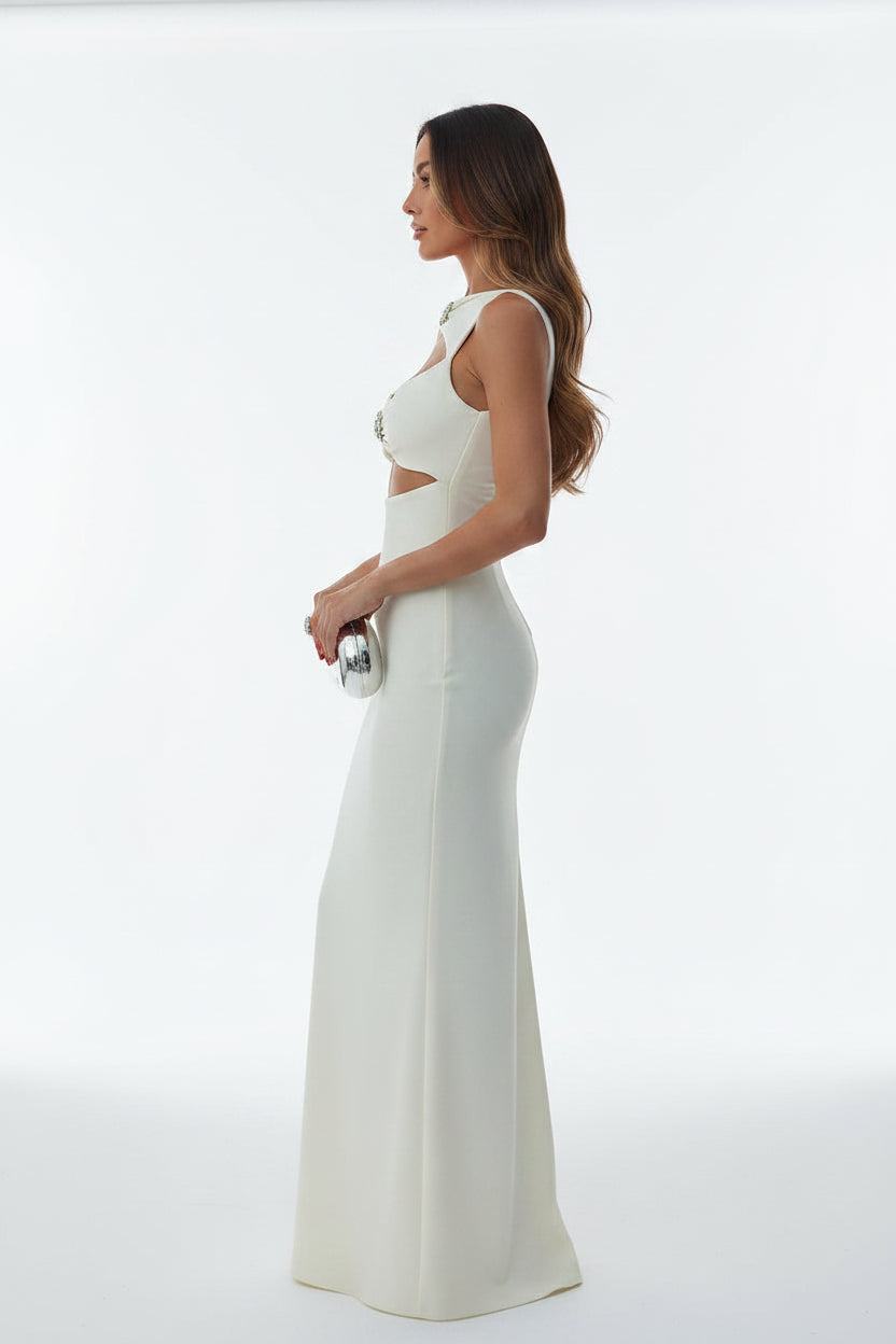 Robe longue ivoire soirée découpes latérales col rond | ROBEMODE