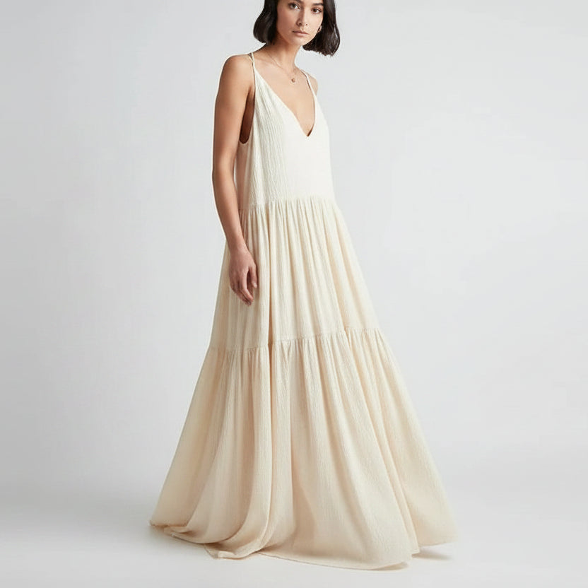 Robe longue femme ivoire col V bretelles fines été | Coupe féminine + Style élégant + Facile à accessoiriser – ROBEMODE