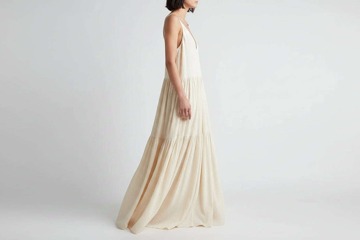 Robe longue femme ivoire col V bretelles fines été | Coupe féminine + Style élégant + Facile à accessoiriser – ROBEMODE