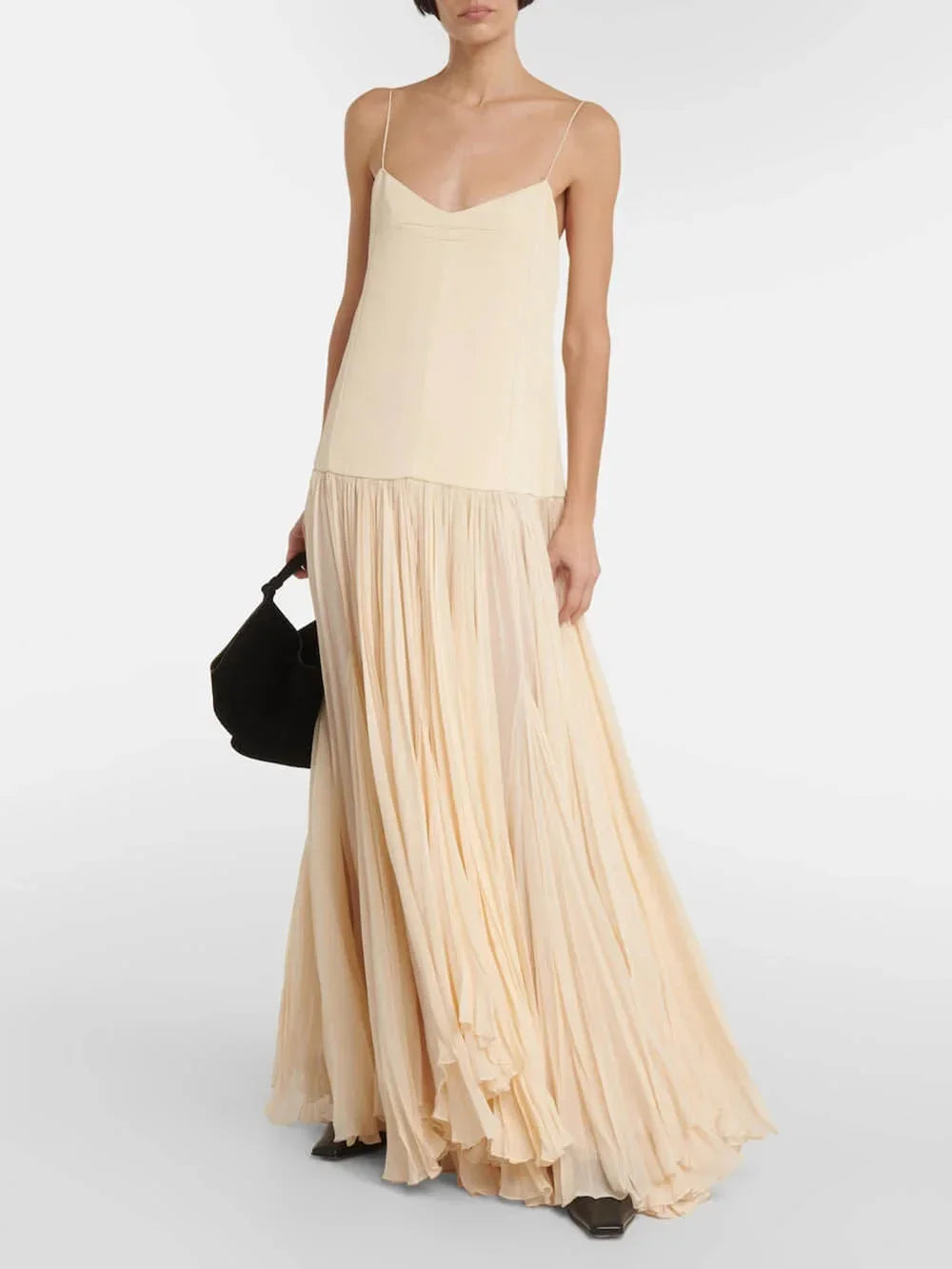 Robe longue femme ivoire plissée bretelles fines | ROBEMODE
