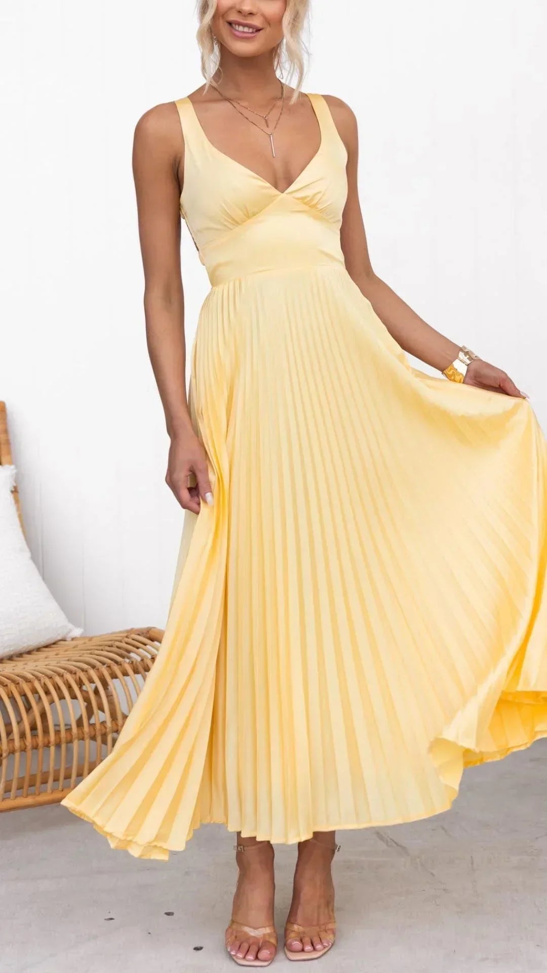 Robe longue plissée jaune col V sans manches été | ROBEMODE