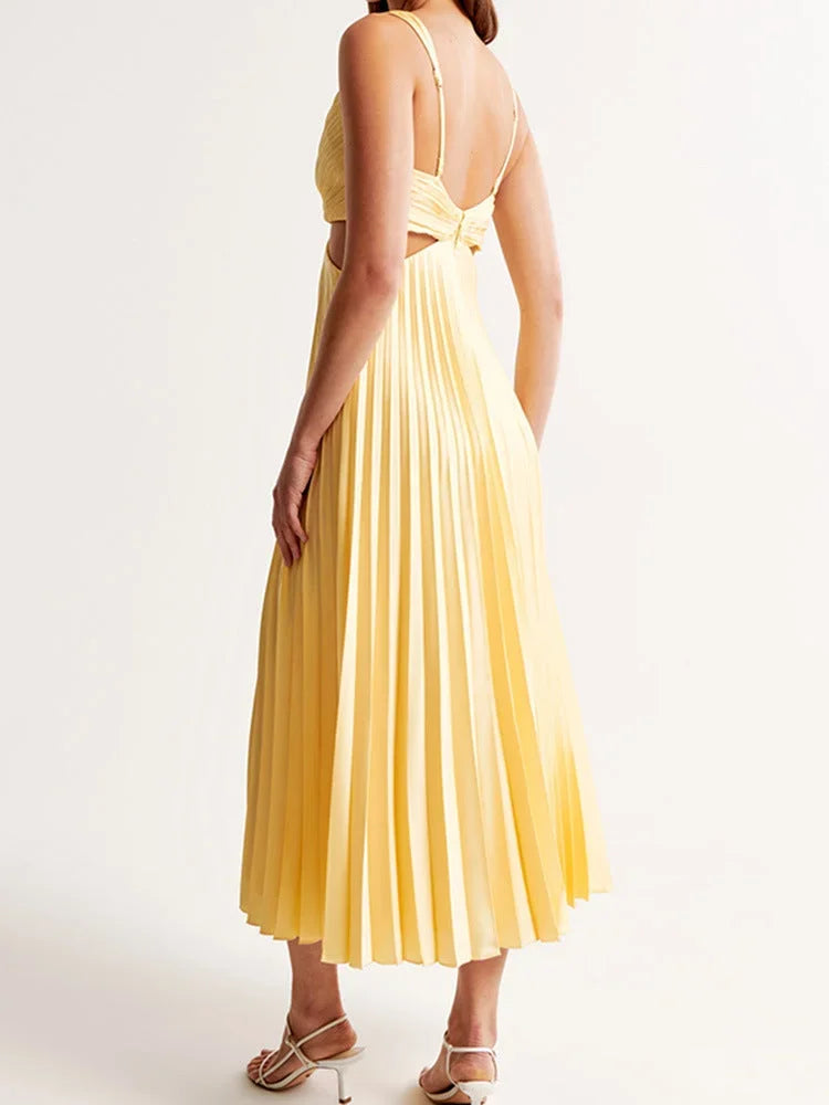 Robe Longue Jaune Col Plongeant Plis Fluide Soirée | ROBEMODE