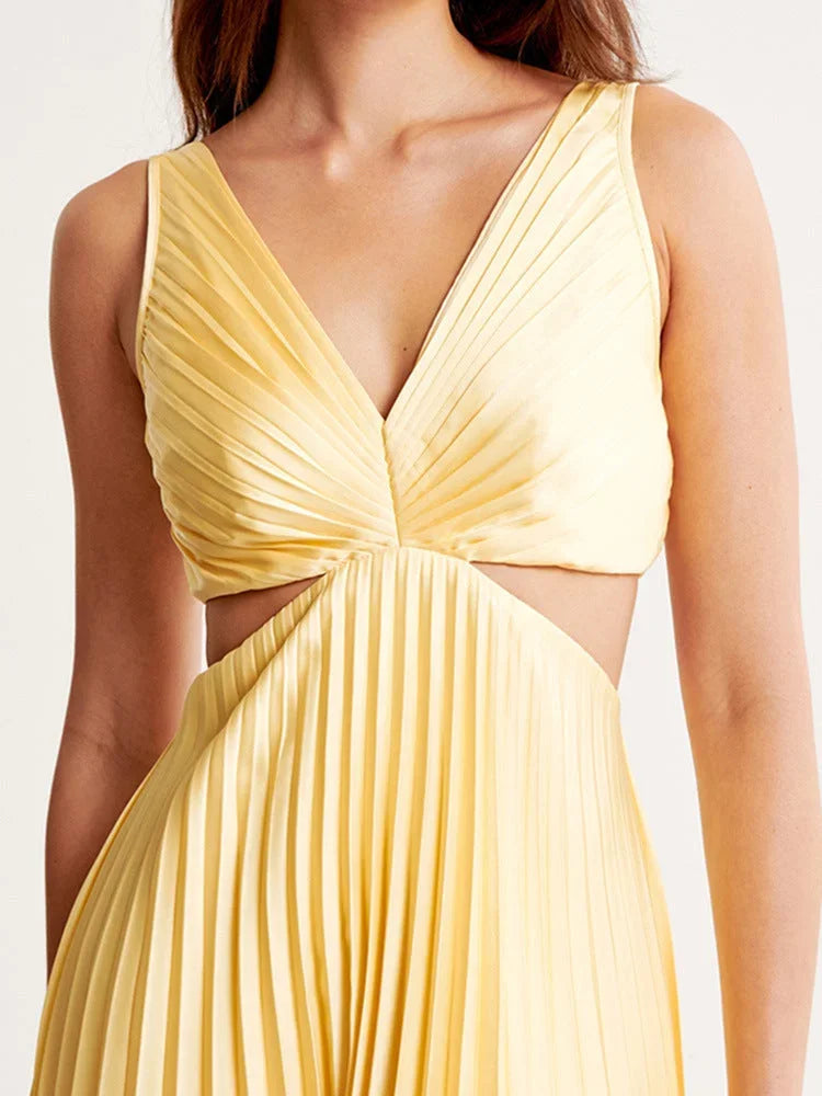 Robe Longue Jaune Col Plongeant Plis Fluide Soirée | ROBEMODE