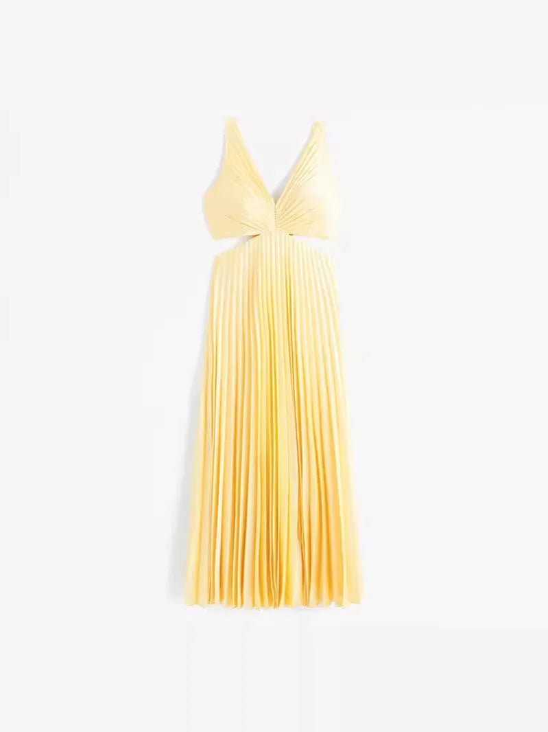 Robe Longue Jaune Col Plongeant Plis Fluide Soirée | ROBEMODE