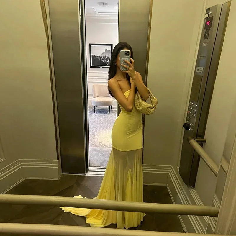 Robe Longue Jaune Sans Bretelles Jupe Transparente Soirée | ROBEMODE