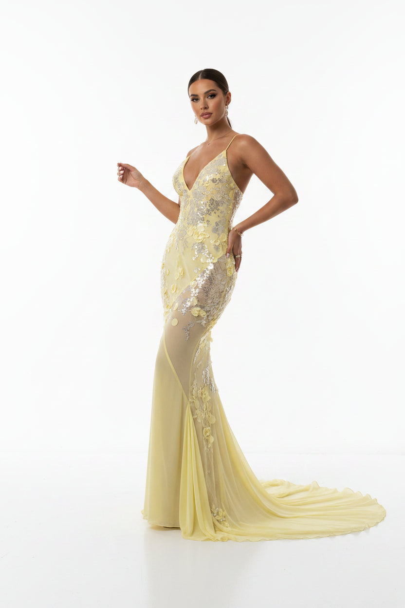 Robe Longue Jaune à Sequins Dos Croisé Col V Soirée | ROBEMODE