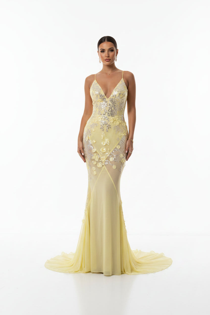 Robe Longue Jaune à Sequins Dos Croisé Col V Soirée | ROBEMODE