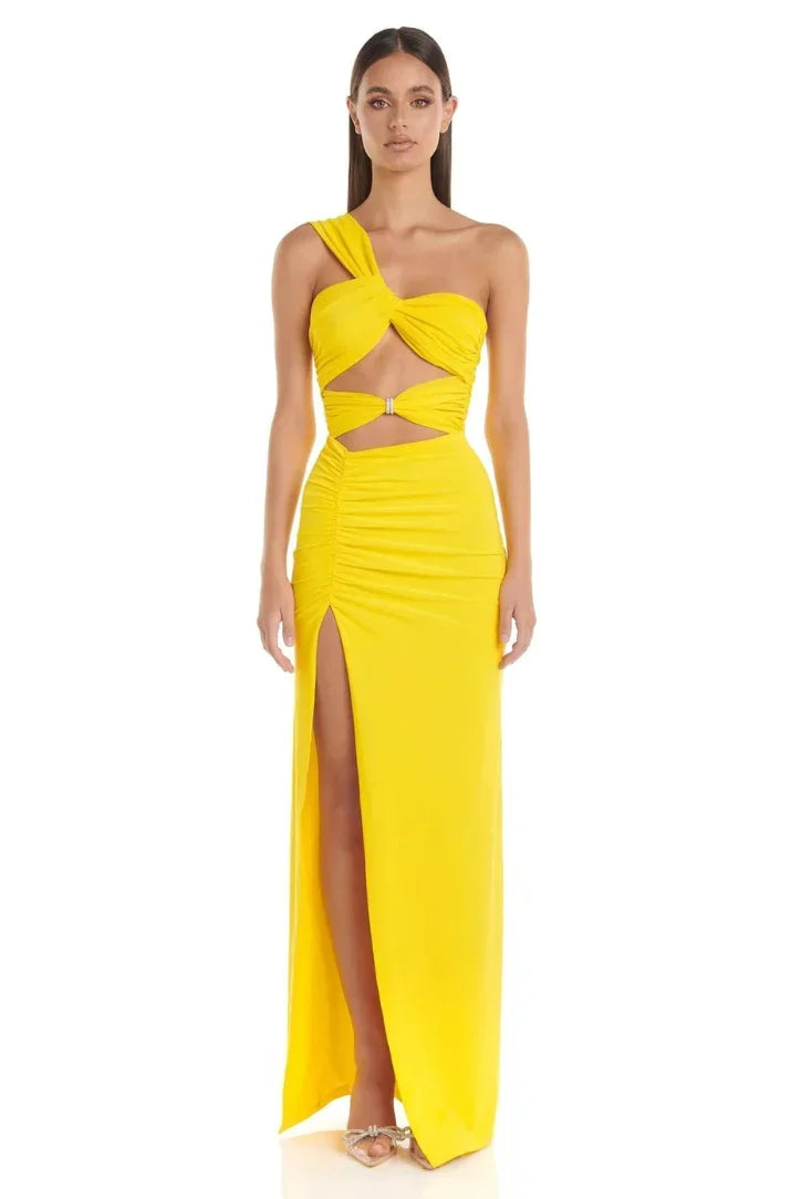 Robe longue jaune découpée avec fente haute soirée | Coupe féminine + Style élégant + Facile à accessoiriser – ROBEMODE