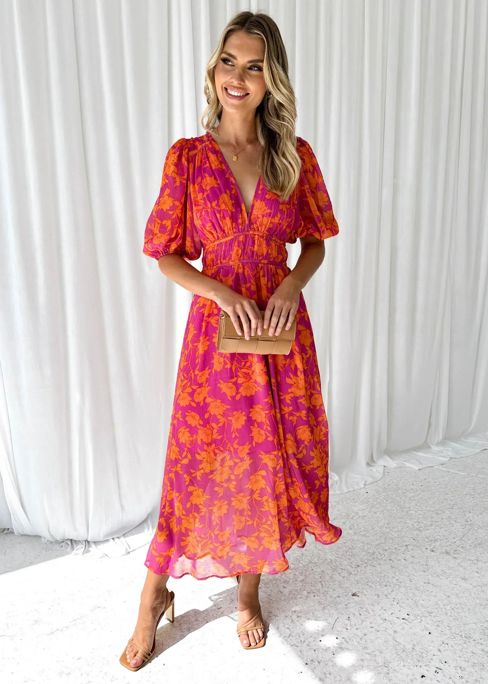 Robe longue femme florale rose manches courtes col V