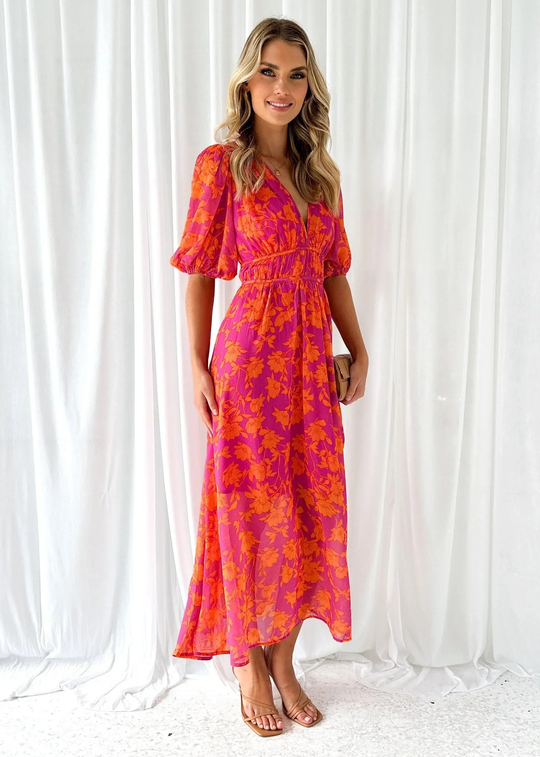 Robe longue femme florale rose manches courtes col V