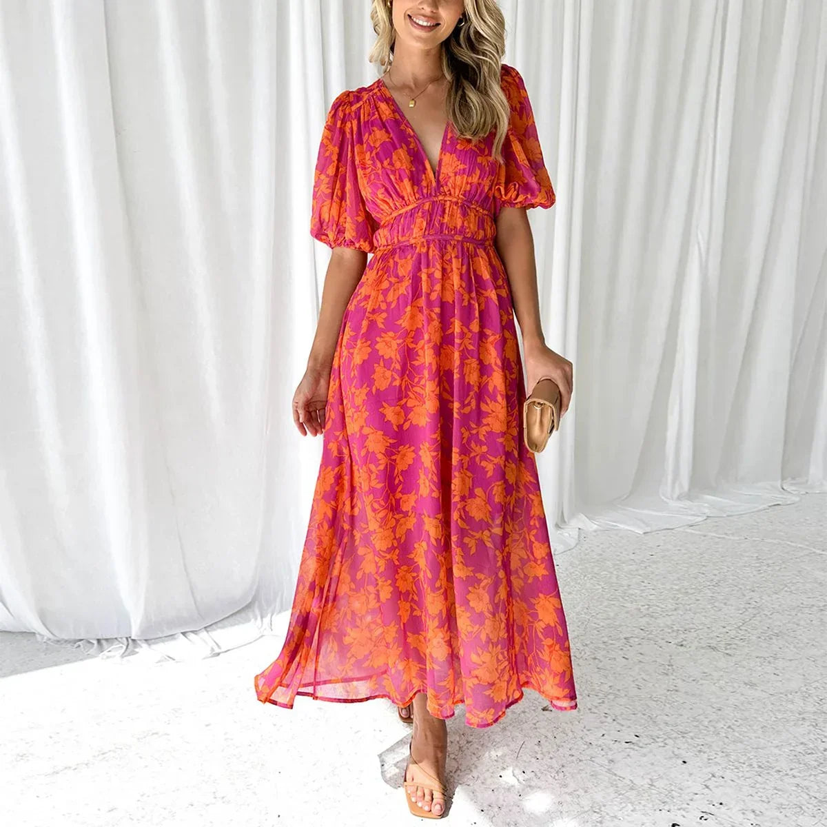 Robe longue femme florale rose manches courtes col V