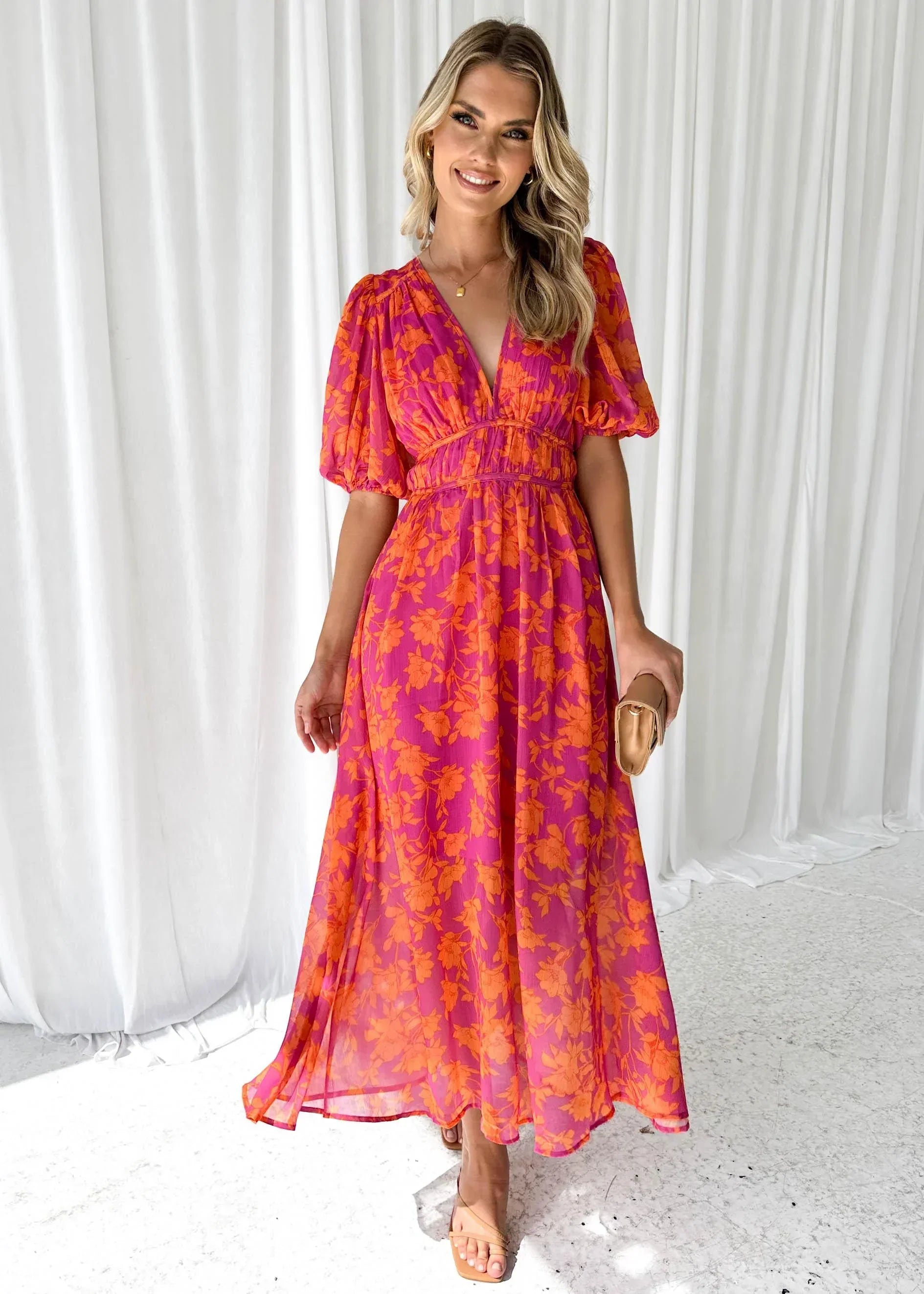 Robe longue femme florale rose manches courtes col V