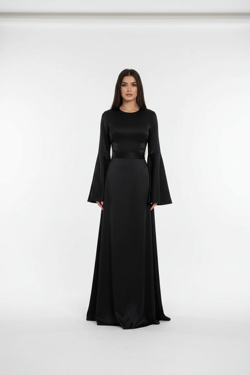 Robe longue femme satin avec manches évasées soirée | ROBEMODE