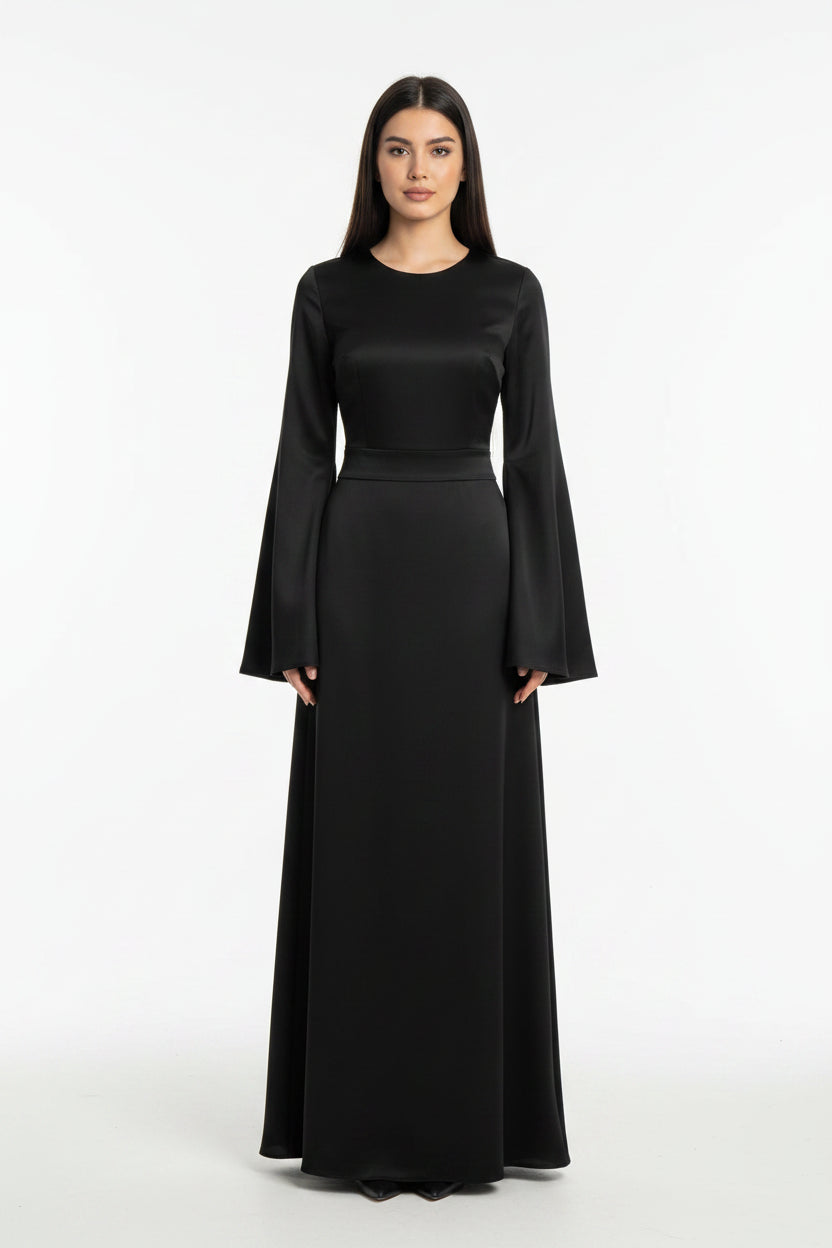 Robe longue femme satin avec manches évasées soirée | ROBEMODE