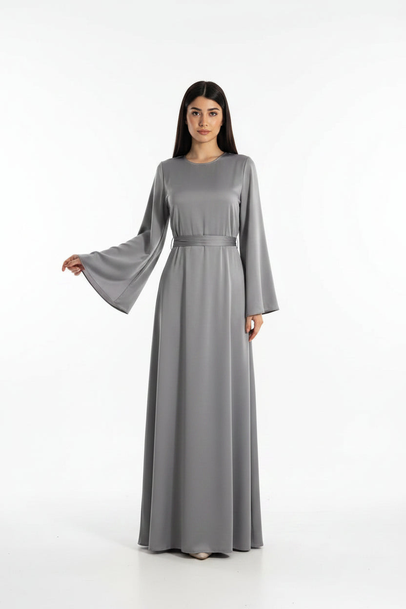 Robe longue femme satin avec manches évasées soirée | ROBEMODE