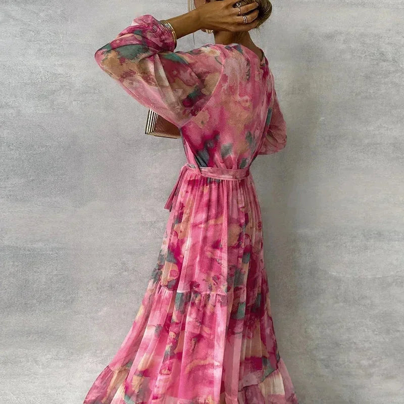Robe Longue Rose Imprimée Femme Manches Longues Ceinture | ROBEMODE