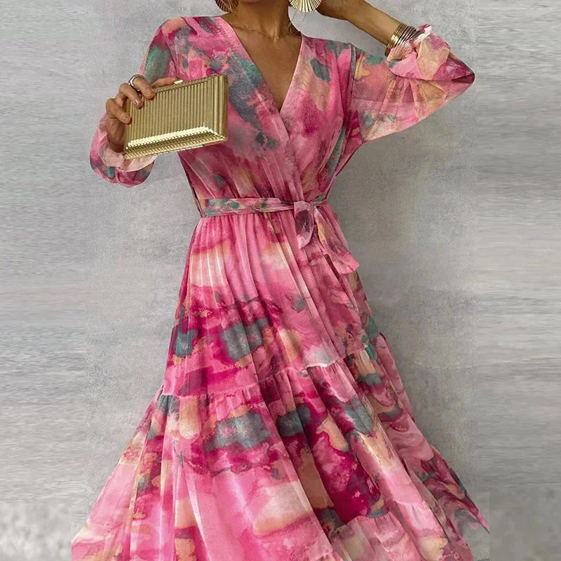 Robe longue femme imprimée rose ceinture manches longues