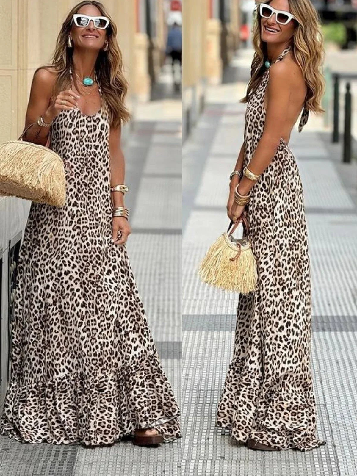 Robe Longue Femme Léopard Sans Manches Avec Volants | ROBEMODE