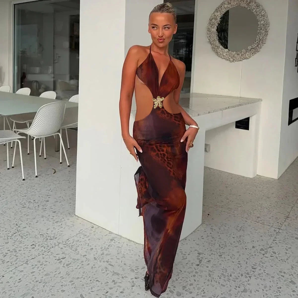 Robe Longue Femme Imprimé Léopard Découpes Soirée | ROBEMODE