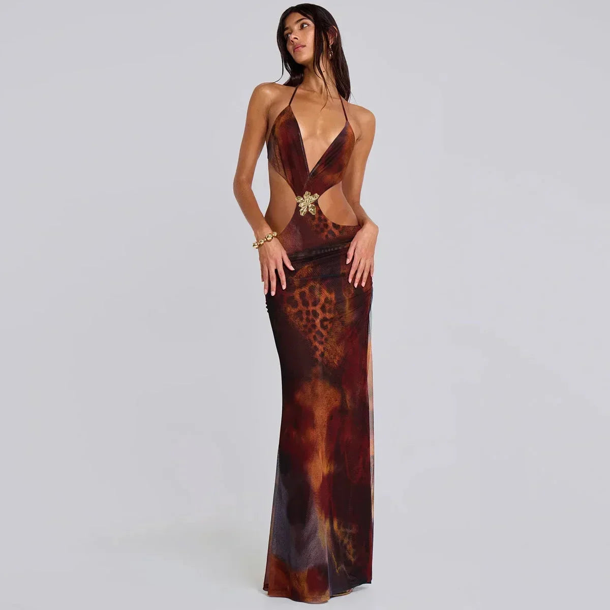 Robe Longue Femme Imprimé Léopard Découpes Soirée | ROBEMODE