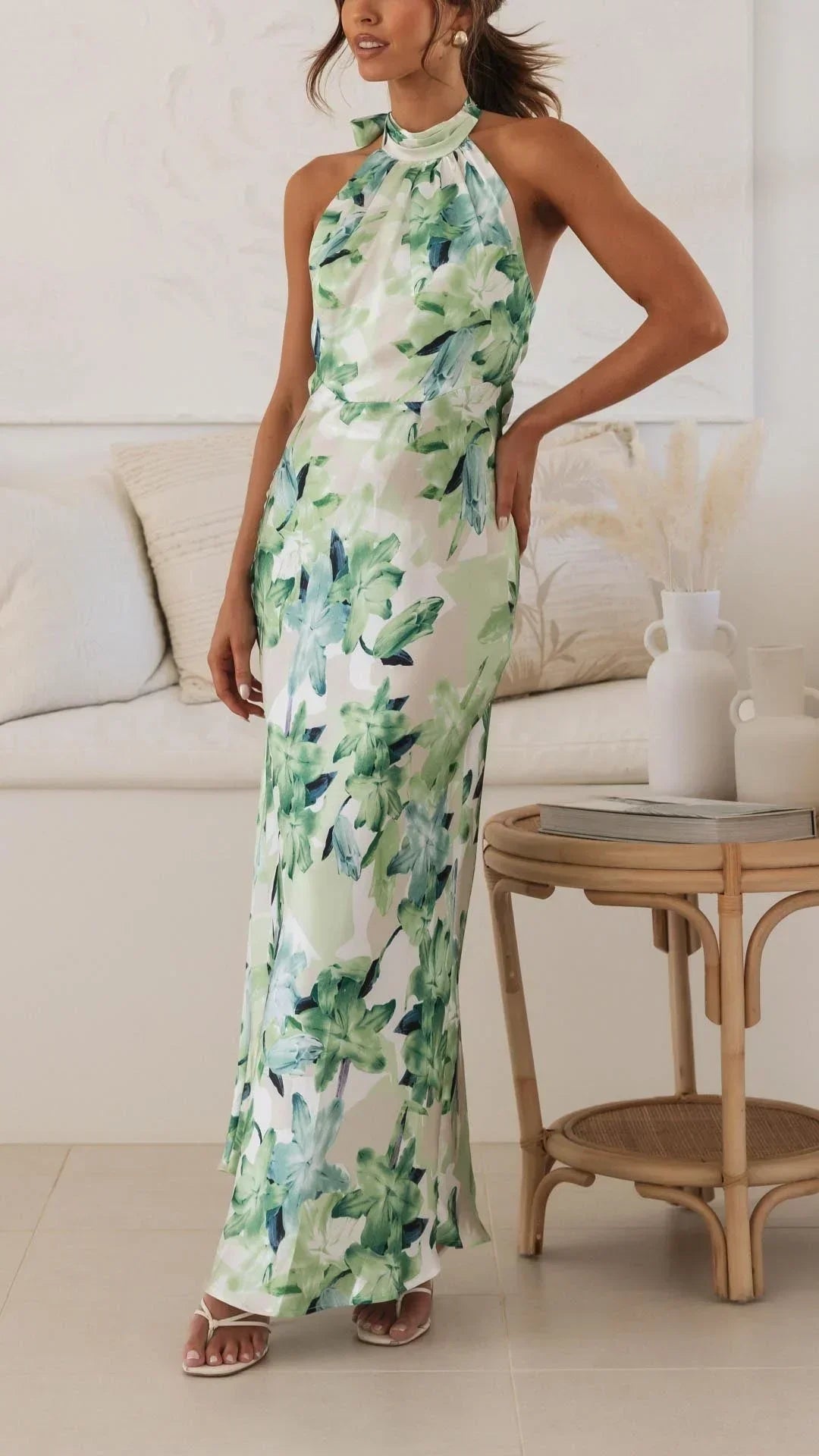 Robe Longue Femme Dos Nu Col Montant Floral Été | ROBEMODE