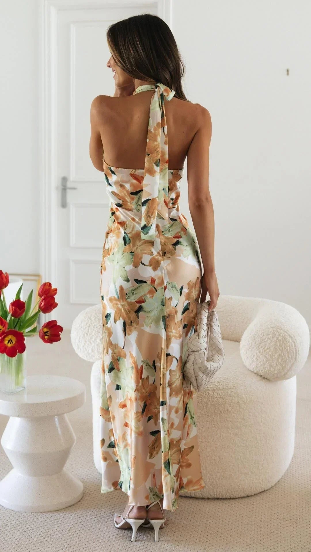 Robe Longue Femme Dos Nu Col Montant Floral Été | ROBEMODE
