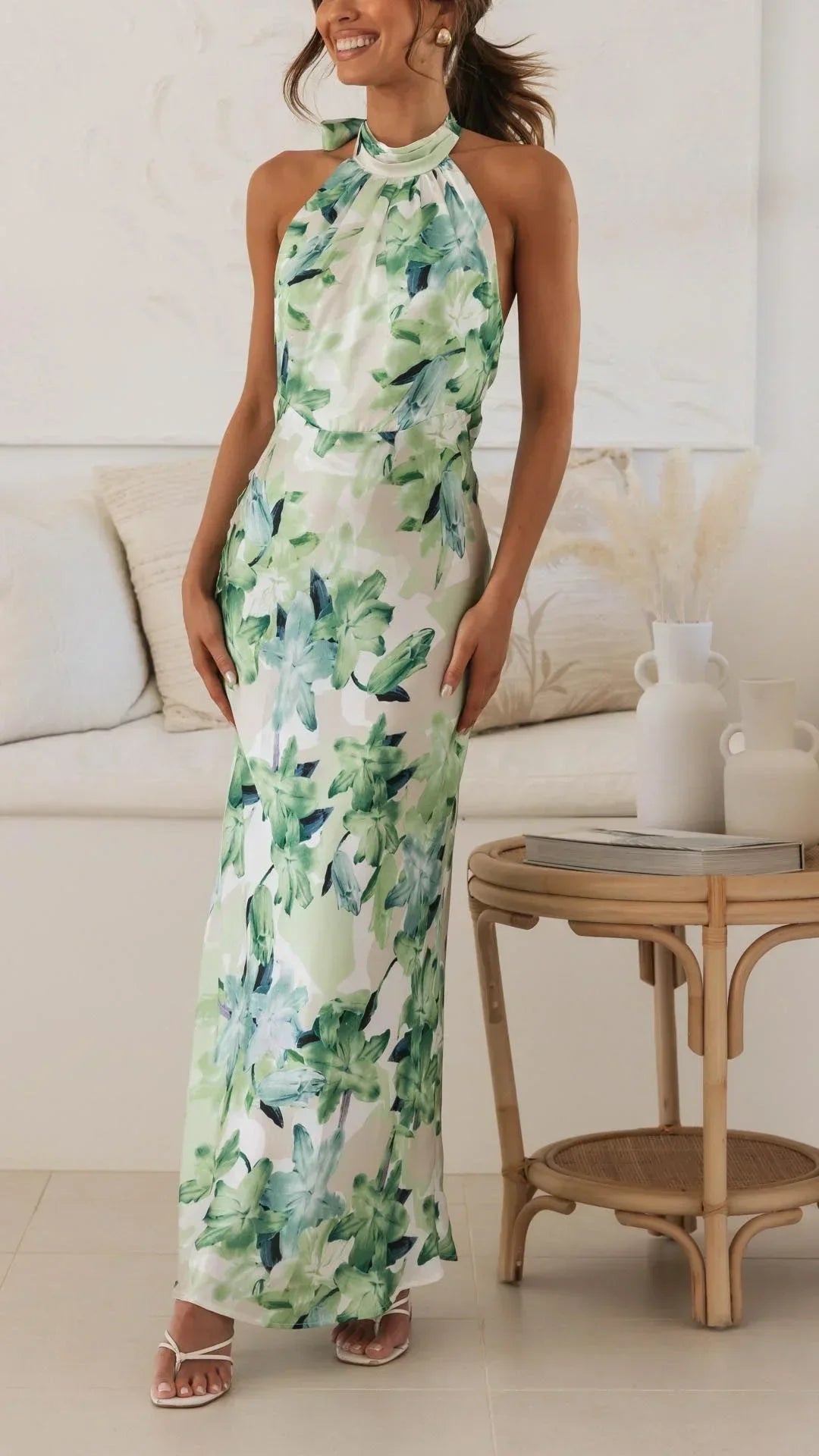 Robe Longue Femme Dos Nu Col Montant Floral Été | ROBEMODE