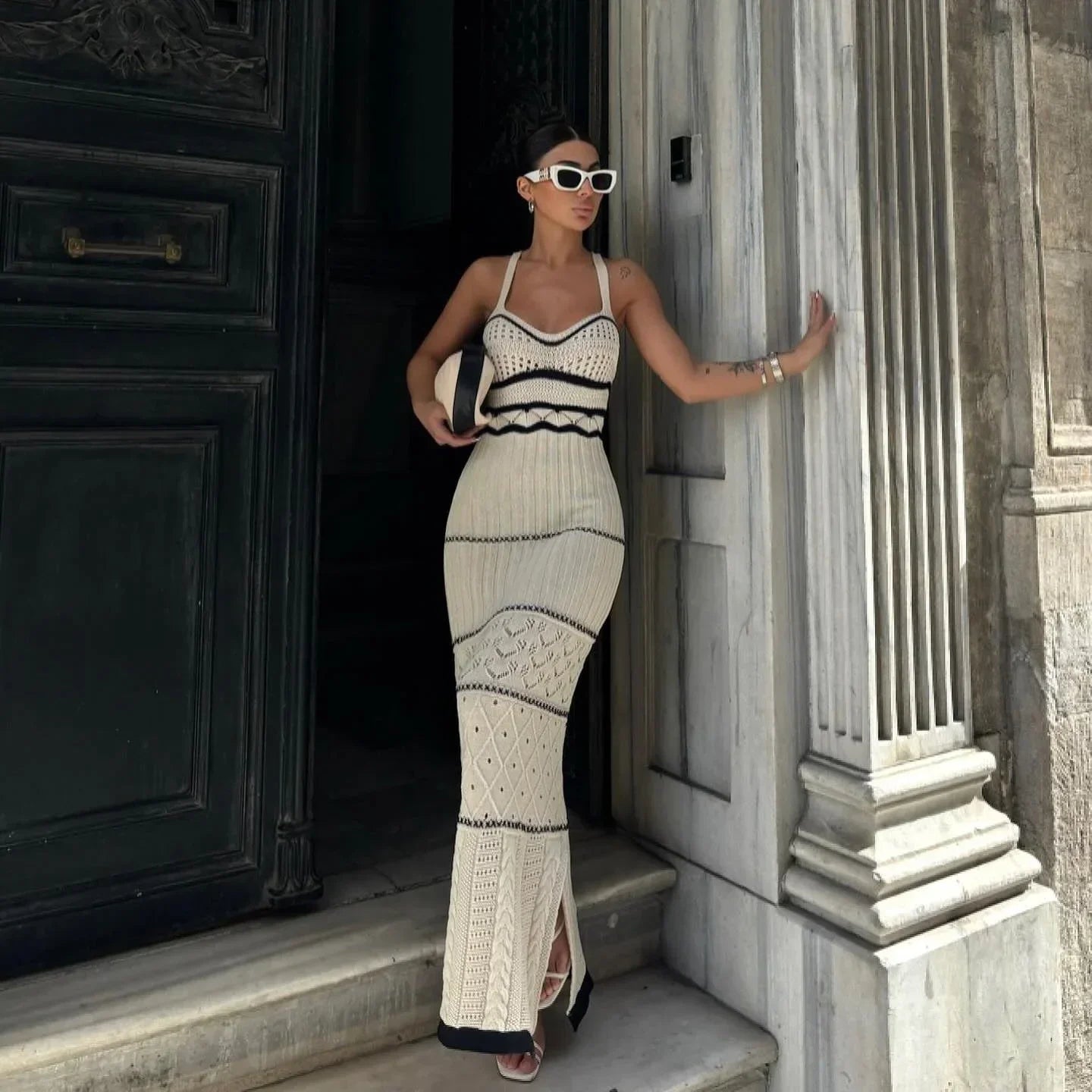 Robe longue femme écrue en maille ajourée lanières larges