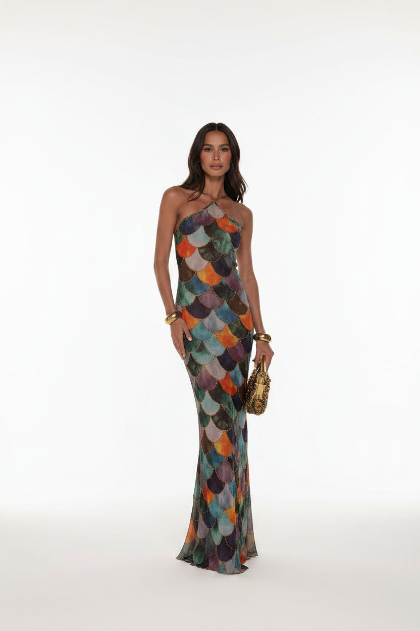 Robe longue femme à motif multicolore col halter | Coupe féminine + Style élégant + Facile à accessoiriser – ROBEMODE
