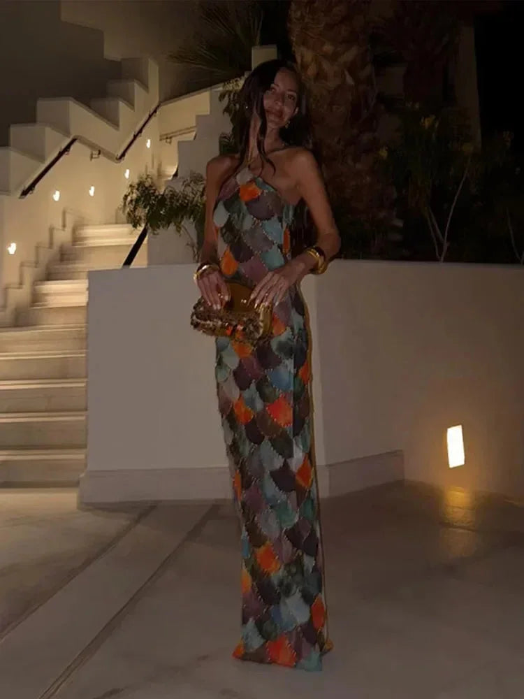 Robe longue femme à motif multicolore col halter