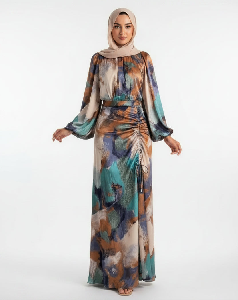 Robe longue femme imprimée multicolore à manches longues | ROBEMODE