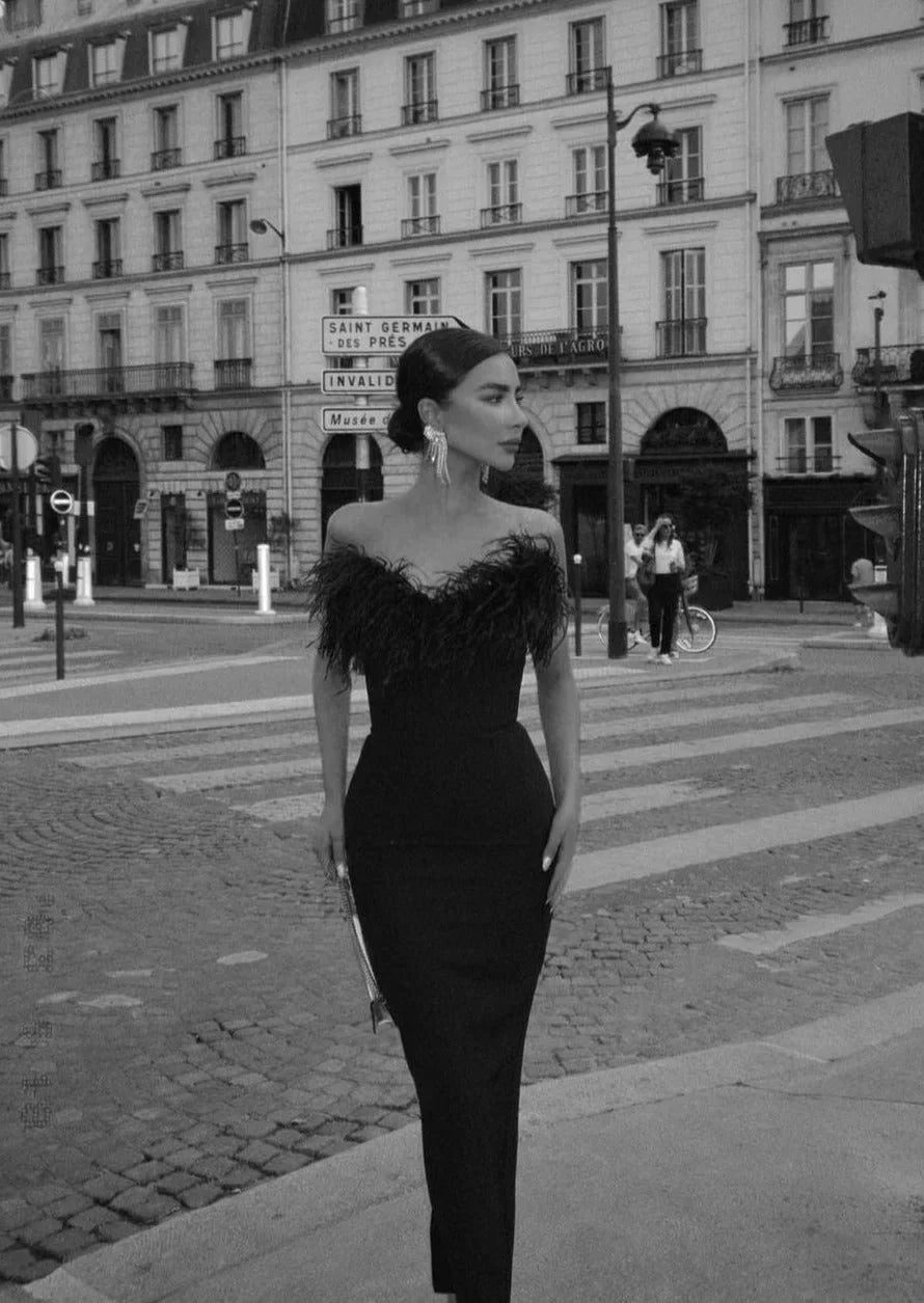 Robe longue noire sans bretelles avec détail plumes | Coupe féminine + Style élégant + Facile à accessoiriser – ROBEMODE