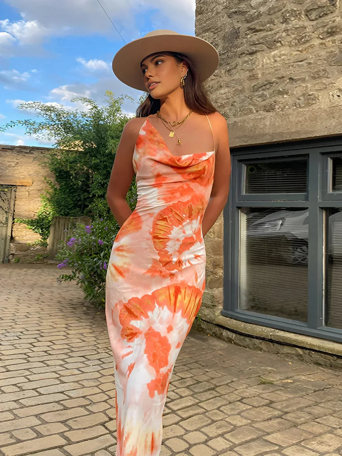 Robe Longue Orange Imprimée Sans Manches Col Drapé Été | ROBEMODE