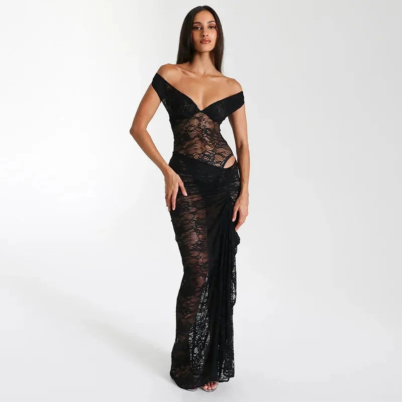 Robe longue femme épaules dénudées dentelle avec fente | Coupe féminine + Style élégant + Facile à accessoiriser – ROBEMODE
