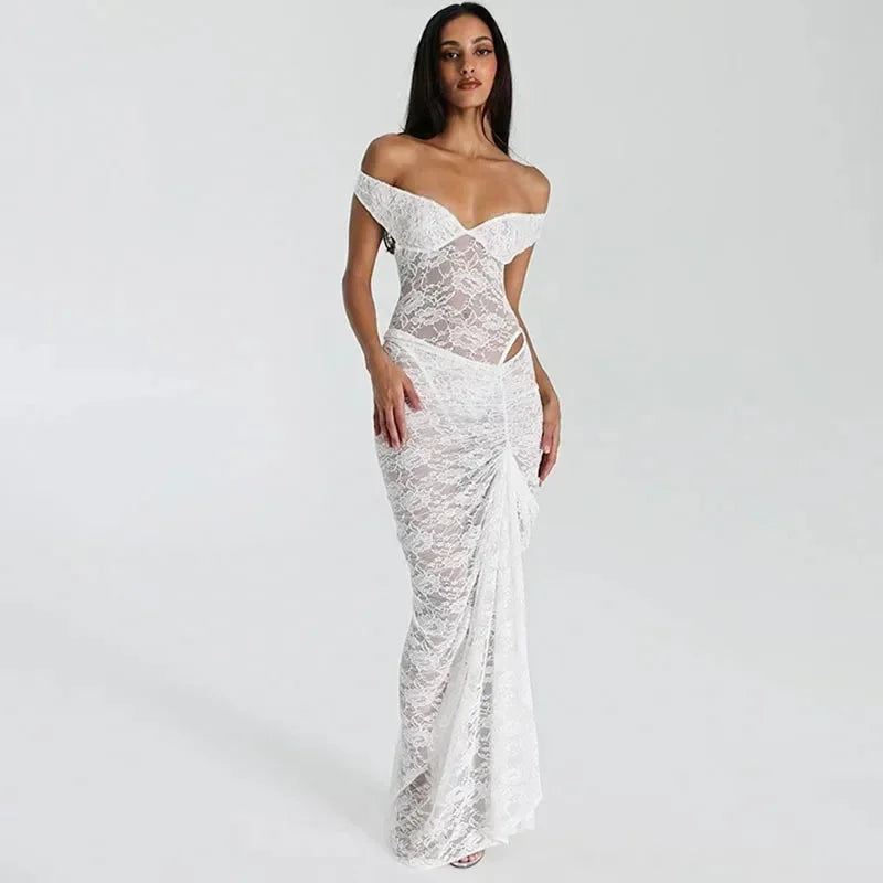 Robe longue femme épaules dénudées dentelle avec fente