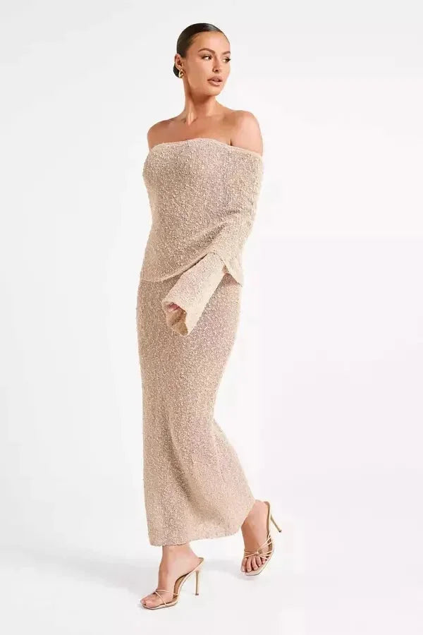 Robe longue femme épaules dénudées texturée soirée | ROBEMODE