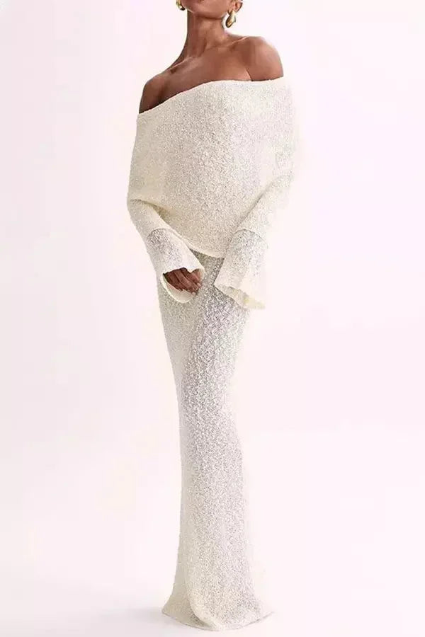 Robe longue femme épaules dénudées texturée soirée | ROBEMODE