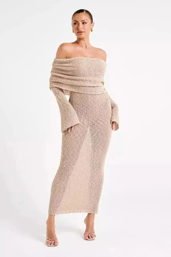 Robe longue femme épaules dénudées texturée soirée | ROBEMODE
