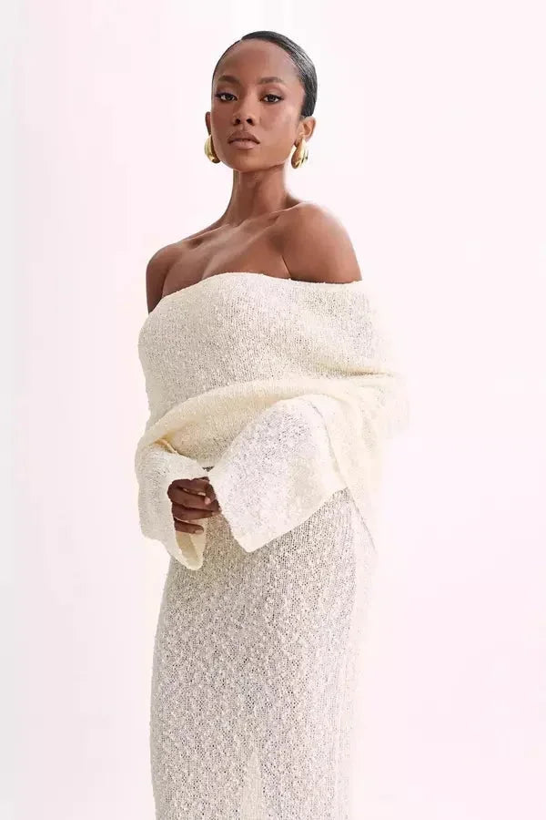 Robe longue femme épaules dénudées texturée soirée | ROBEMODE