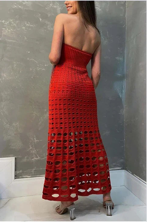 Robe longue femme en tricot ajouré épaules dégagées | Coupe féminine + Style élégant + Facile à accessoiriser – ROBEMODE