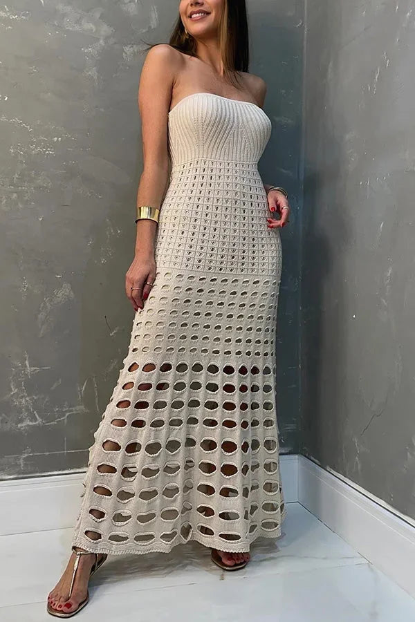 Robe longue femme en tricot ajouré épaules dégagées