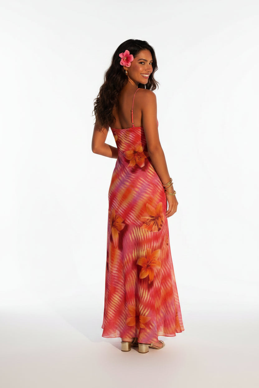 Robe longue femme rouge imprimé tropical bretelles fines | Coupe féminine + Style élégant + Facile à accessoiriser – ROBEMODE
