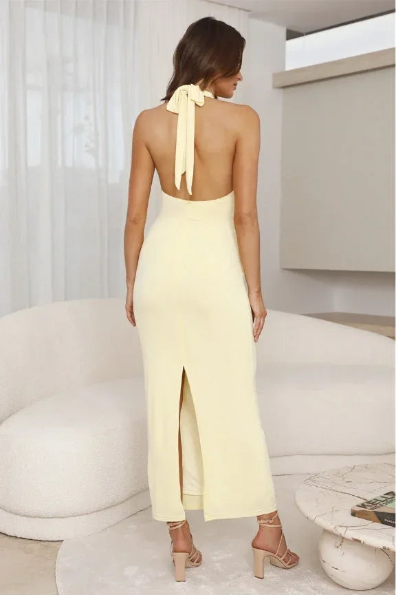Robe longue jaune avec col licou et plis | Coupe féminine + Style élégant + Facile à accessoiriser – ROBEMODE