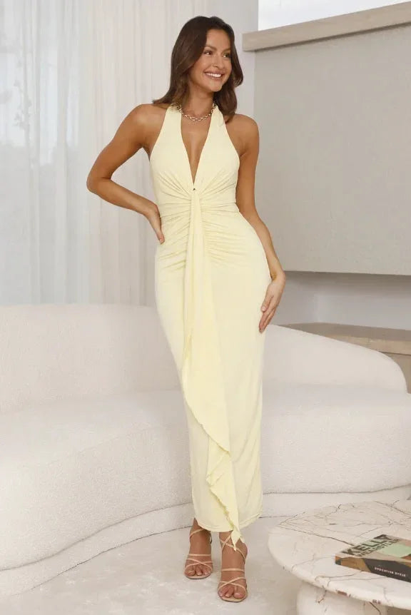 Robe longue jaune avec col licou et plis | Coupe féminine + Style élégant + Facile à accessoiriser – ROBEMODE