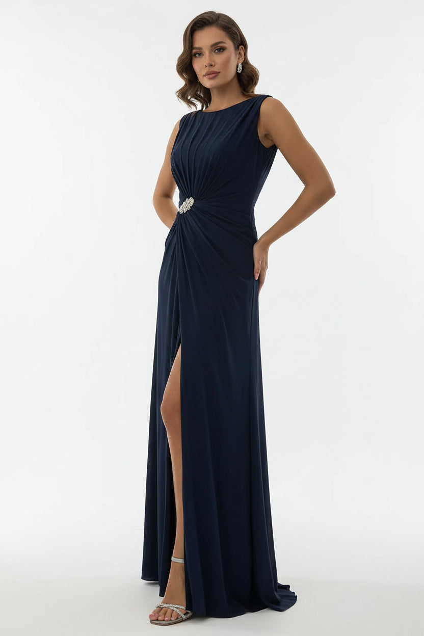 Robe longue fendue avec broche soirée sans manches | ROBEMODE