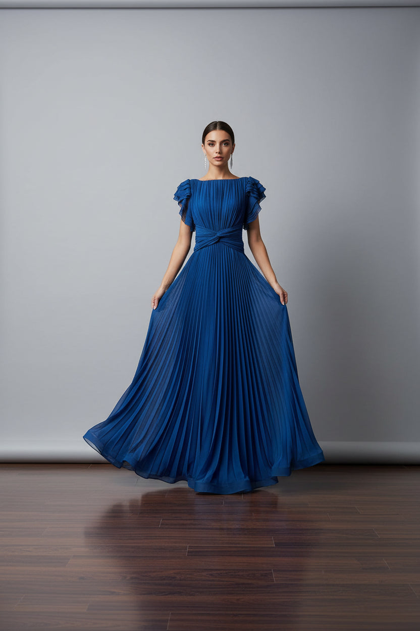 Robe Longue Plissée Manches Volants & Ceinture 3 Coloris | ROBEMODE